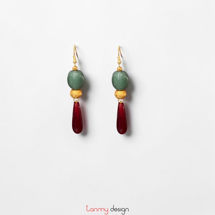 Amazonite stone earrings with red agate, gold-plated metal